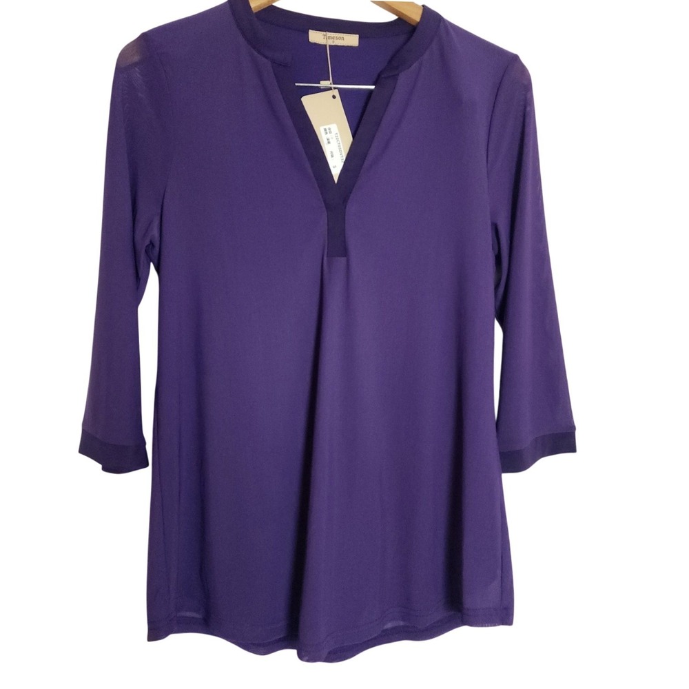 Timeson NWT Size S 3/4 Sleeve Pullover  Tunic Style Top V Neck Lined‎